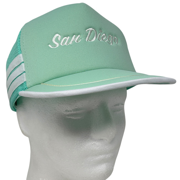 Vintage San Diego 3 Stripe Trucker Hat Cap Green 80s California Mesh Snapback - Picture 1 of 9